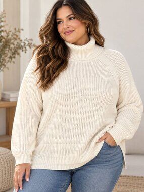 Woman Within Plus Size 2X Ivory Chunky Knit Turtleneck Sweater Cozy Minimalist
